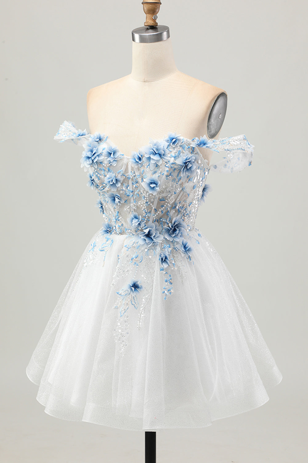 Sparkly White Blue Flower Corset Short Homecoming Dress with Beading