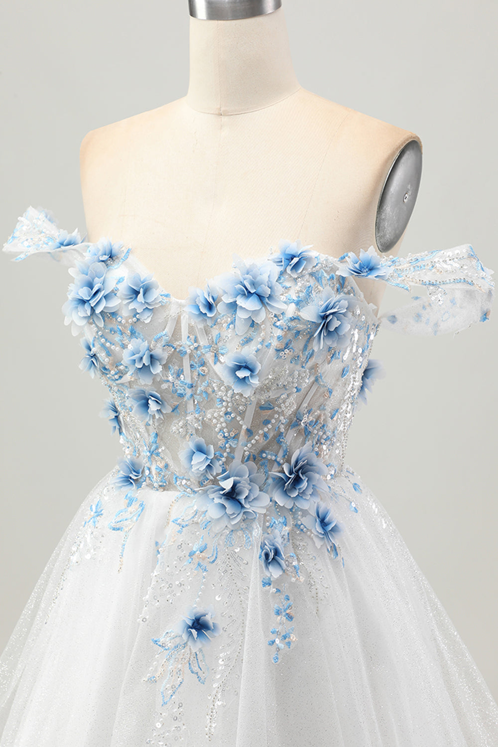 Sparkly White Blue Flower Corset Short Homecoming Dress with Beading