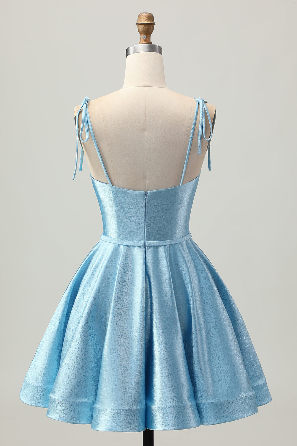 Blue A Line Satin Spaghetti Straps Short Homecoming Dress