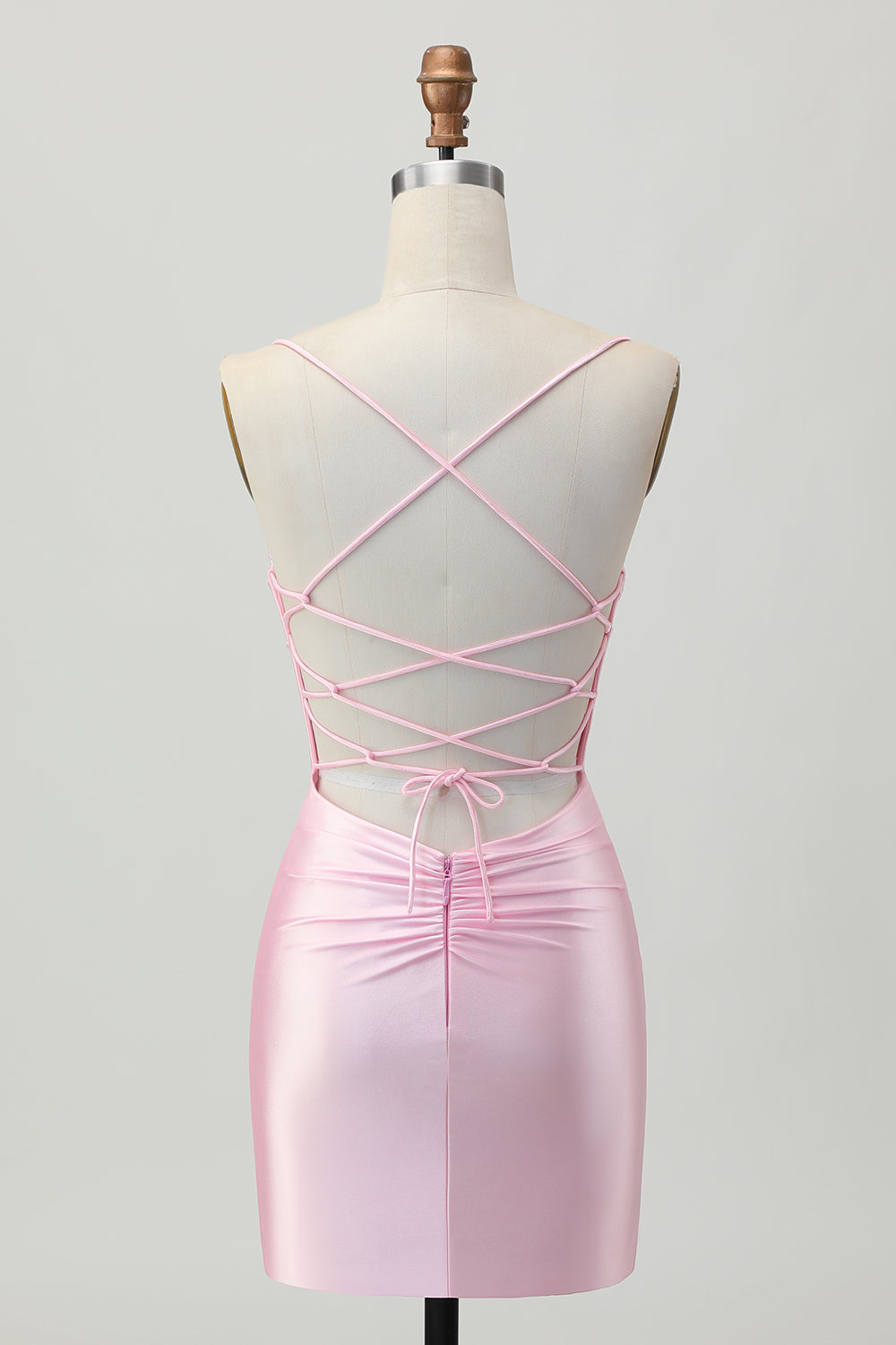 Blush Pink Satin Spaghetti Straps Short Tight Homecoming Dress