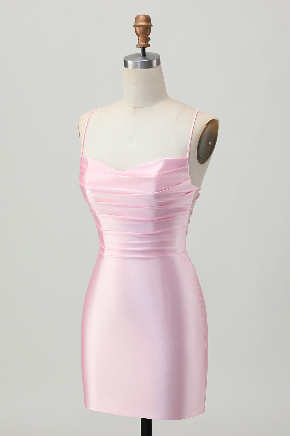 Blush Pink Satin Spaghetti Straps Short Tight Homecoming Dress