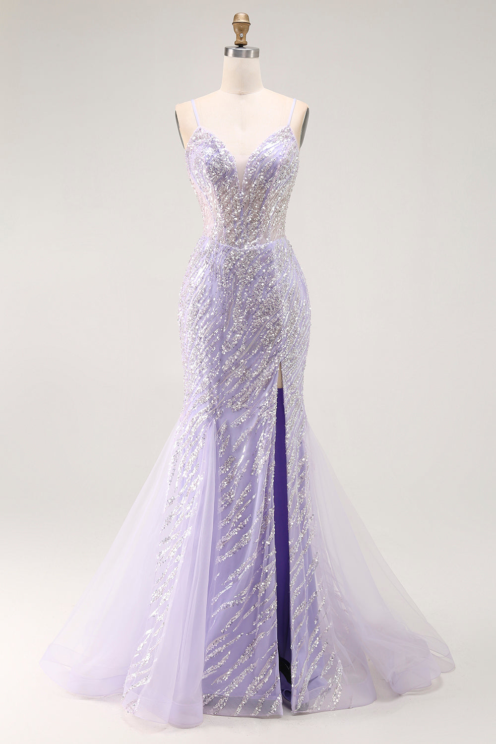 Sparkly Purple Sequins Corset Mermaid Long Prom Dress with Slit