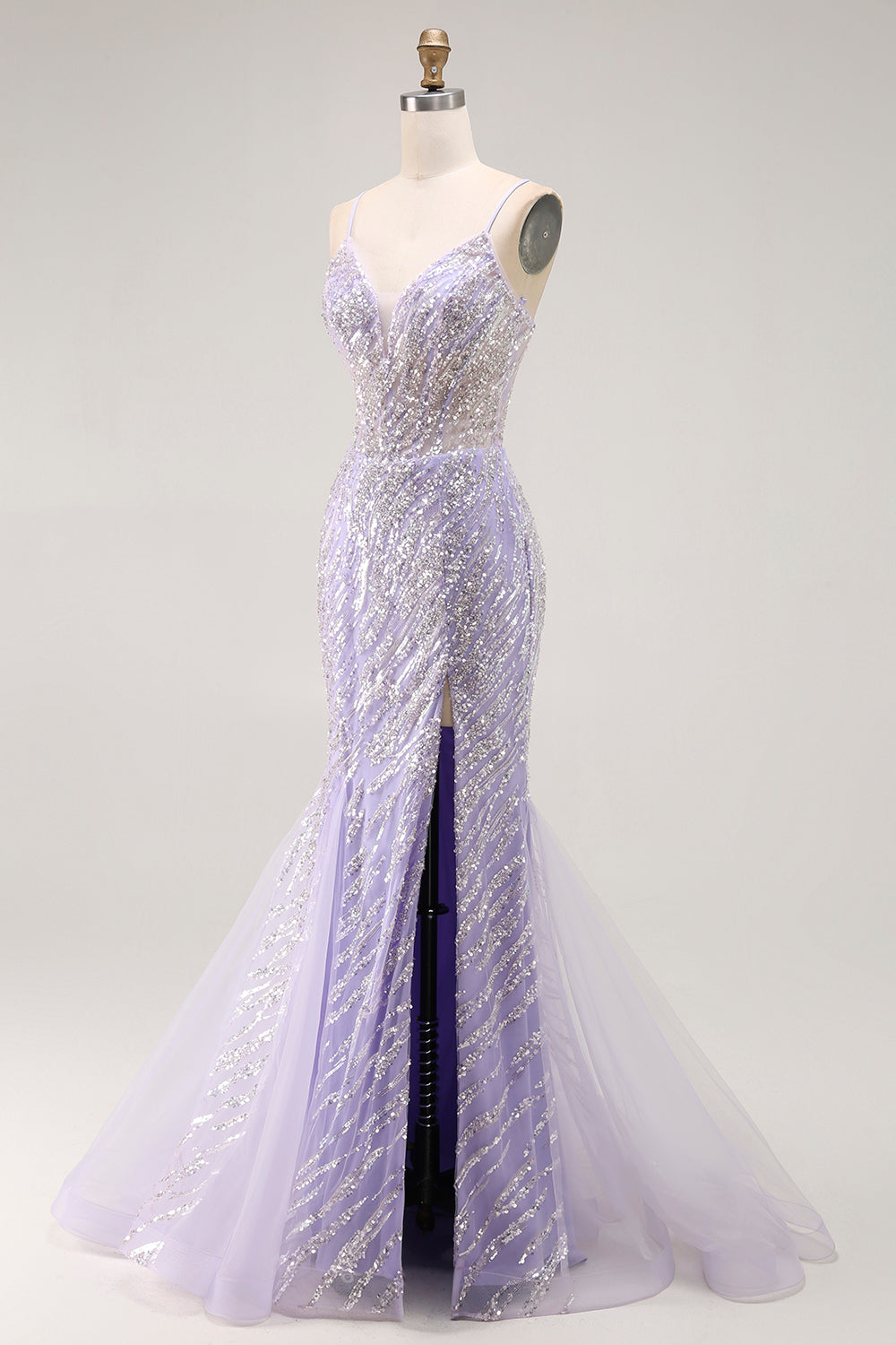 Sparkly Purple Sequins Corset Mermaid Long Prom Dress with Slit
