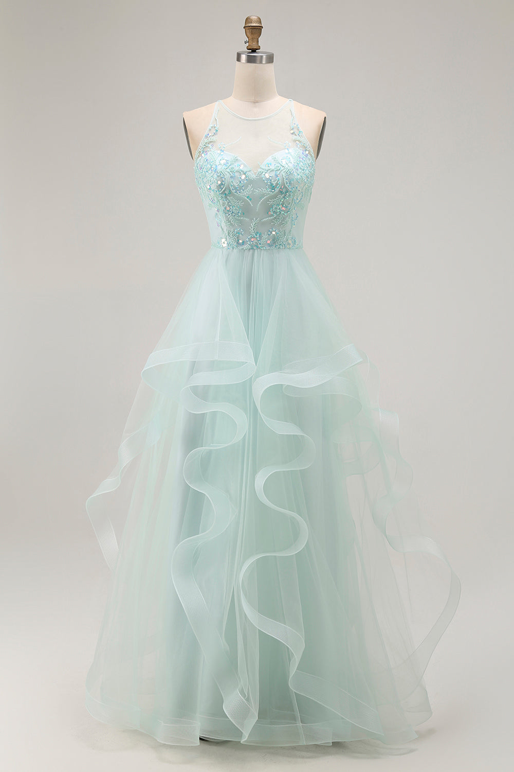 Sparkly Light Green A Line Ruffled Long Prom Dress with Beading