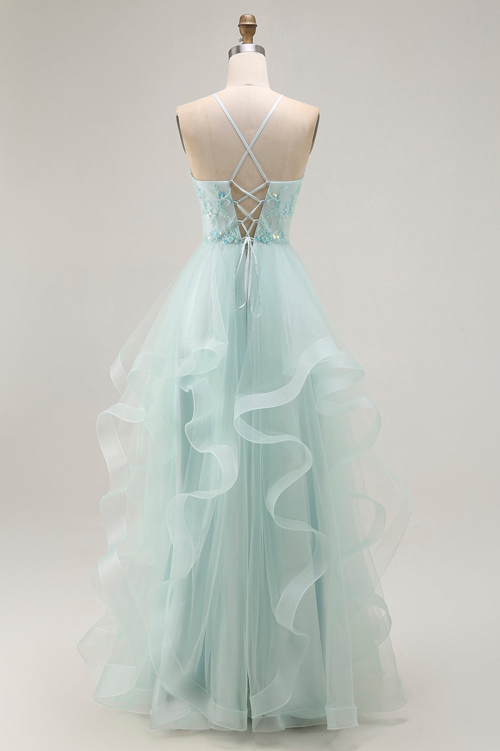 Sparkly Light Green A Line Ruffled Long Prom Dress with Beading