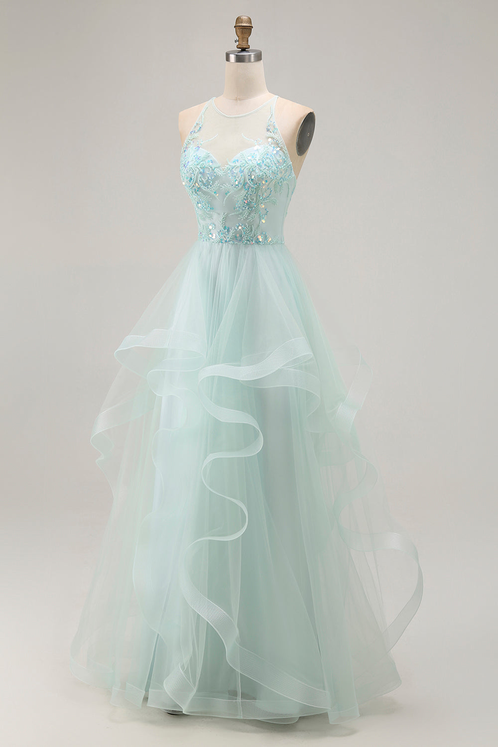 Sparkly Light Green A Line Ruffled Long Prom Dress with Beading