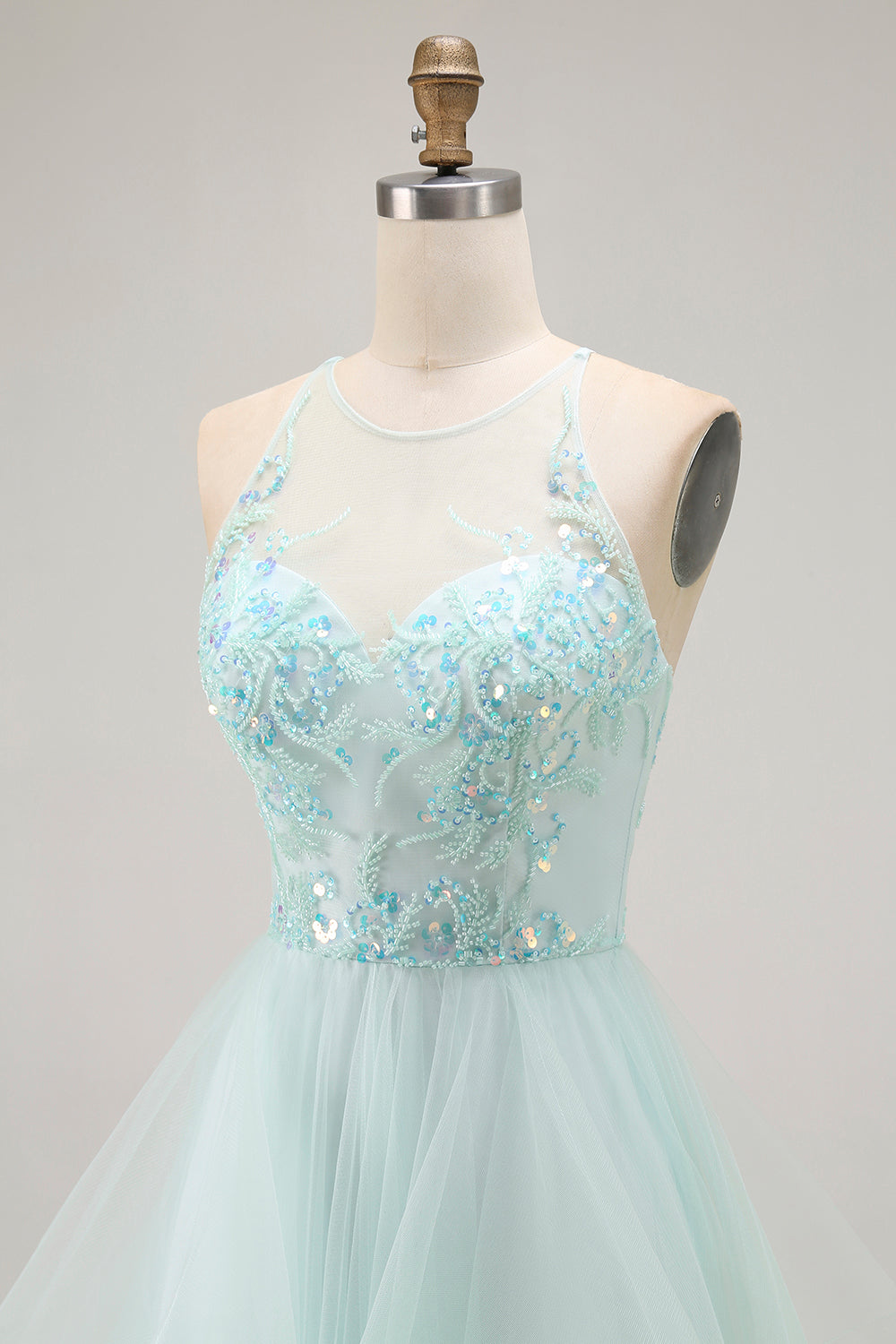 Sparkly Light Green A Line Ruffled Long Prom Dress with Beading