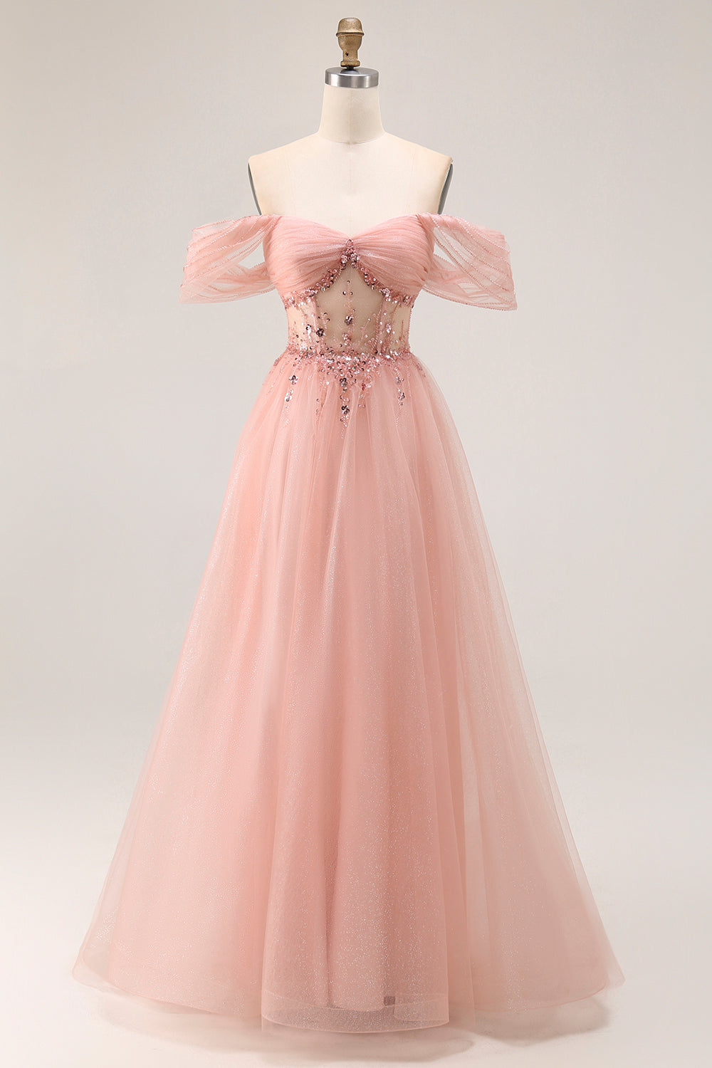Sparkly Blush Off the Shoulder Long Prom Dress with Sequins