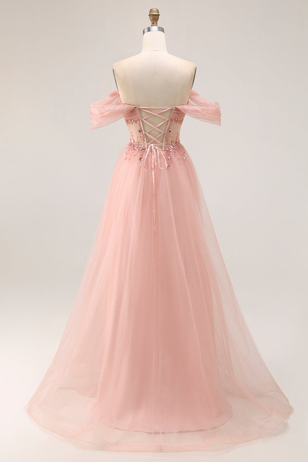 Sparkly Blush Off the Shoulder Long Prom Dress with Sequins