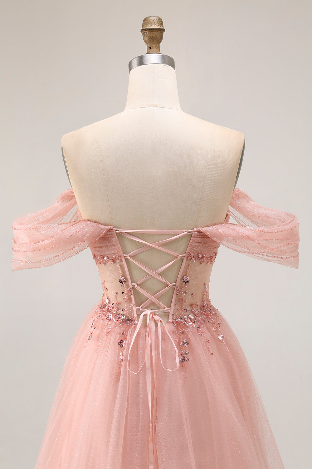 Sparkly Blush Off the Shoulder Long Prom Dress with Sequins