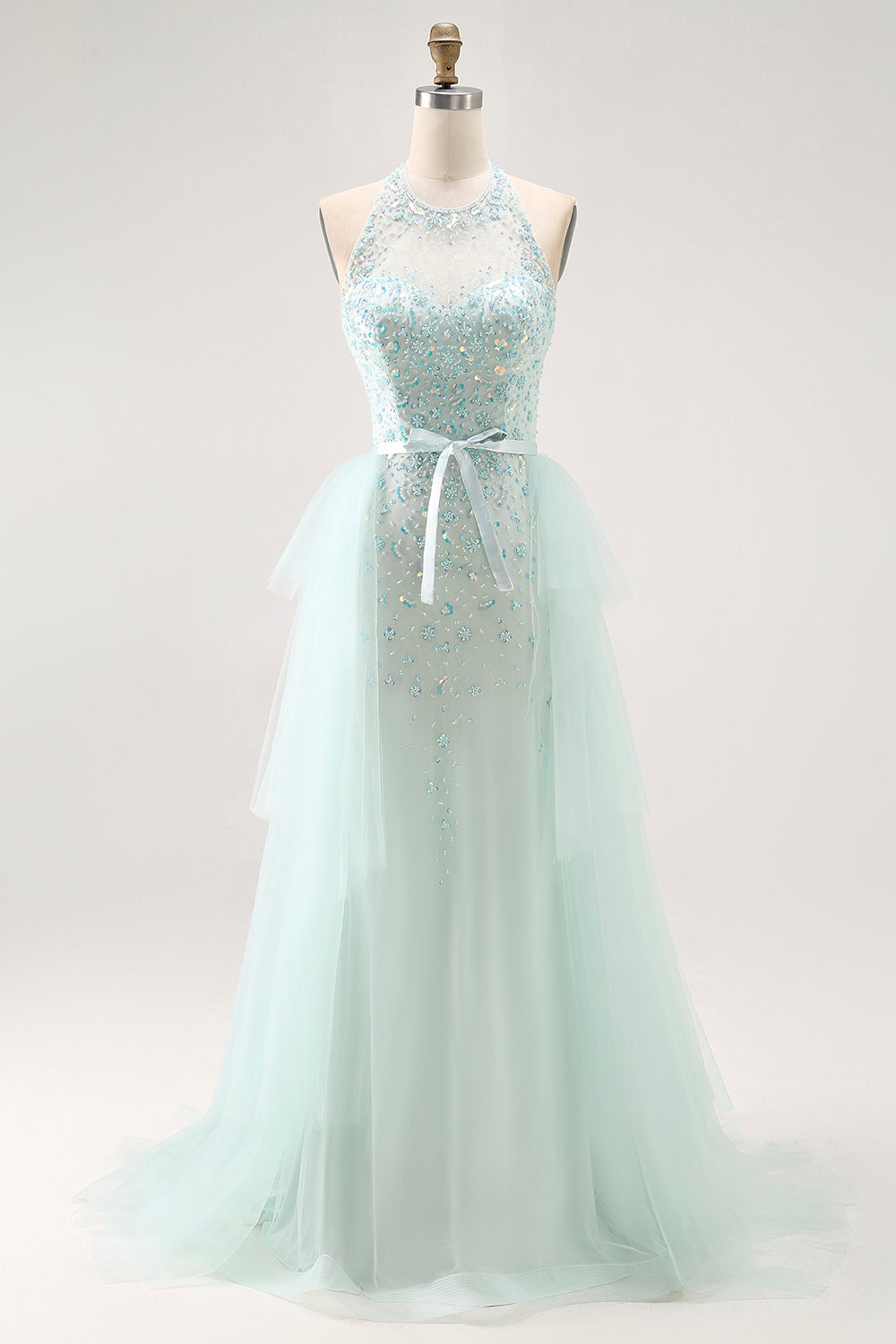 Sparkly Light Green Halter Detachable Train  Long Prom Dress with Beading