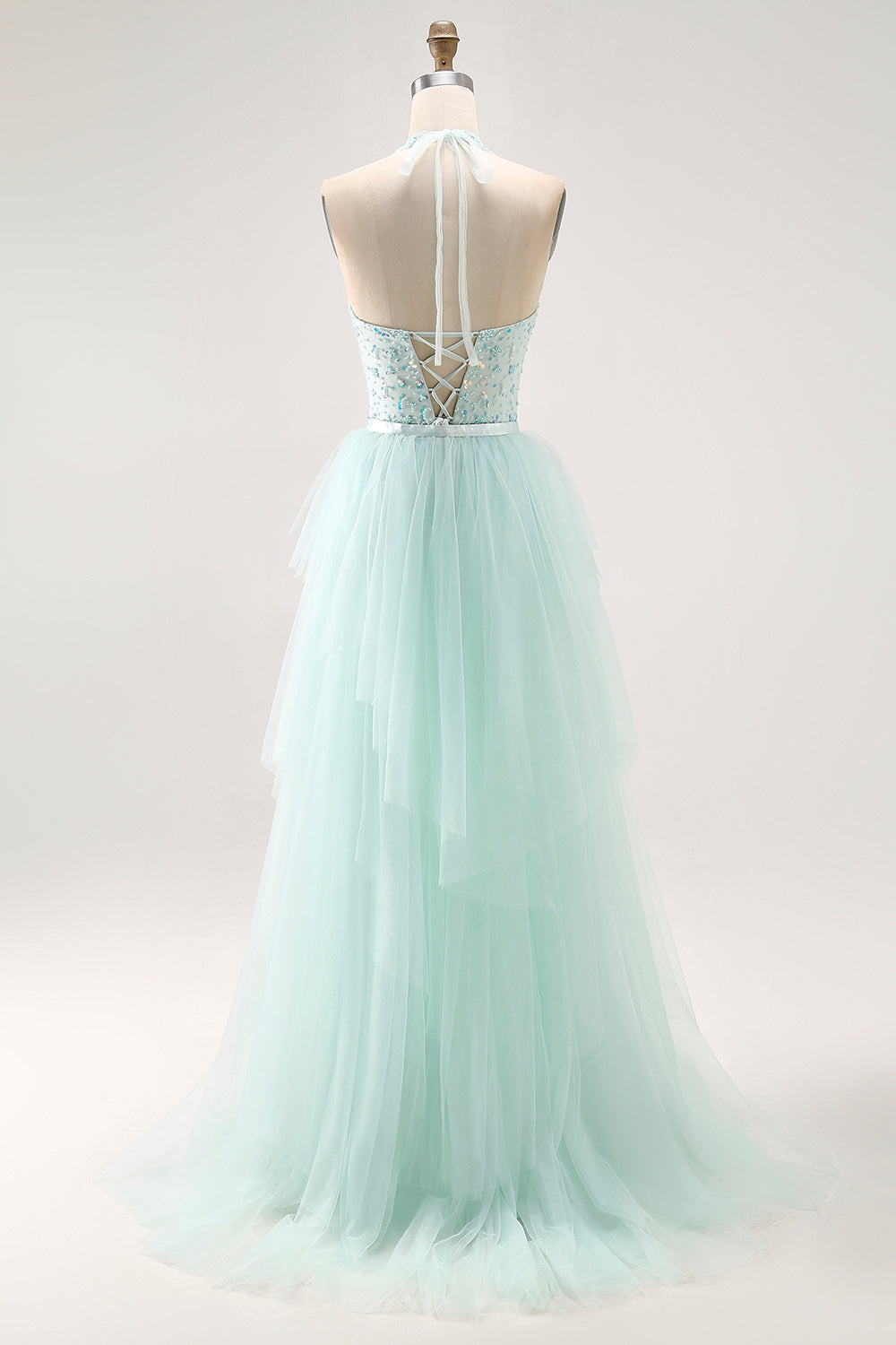 Sparkly Light Green Halter Detachable Train  Long Prom Dress with Beading
