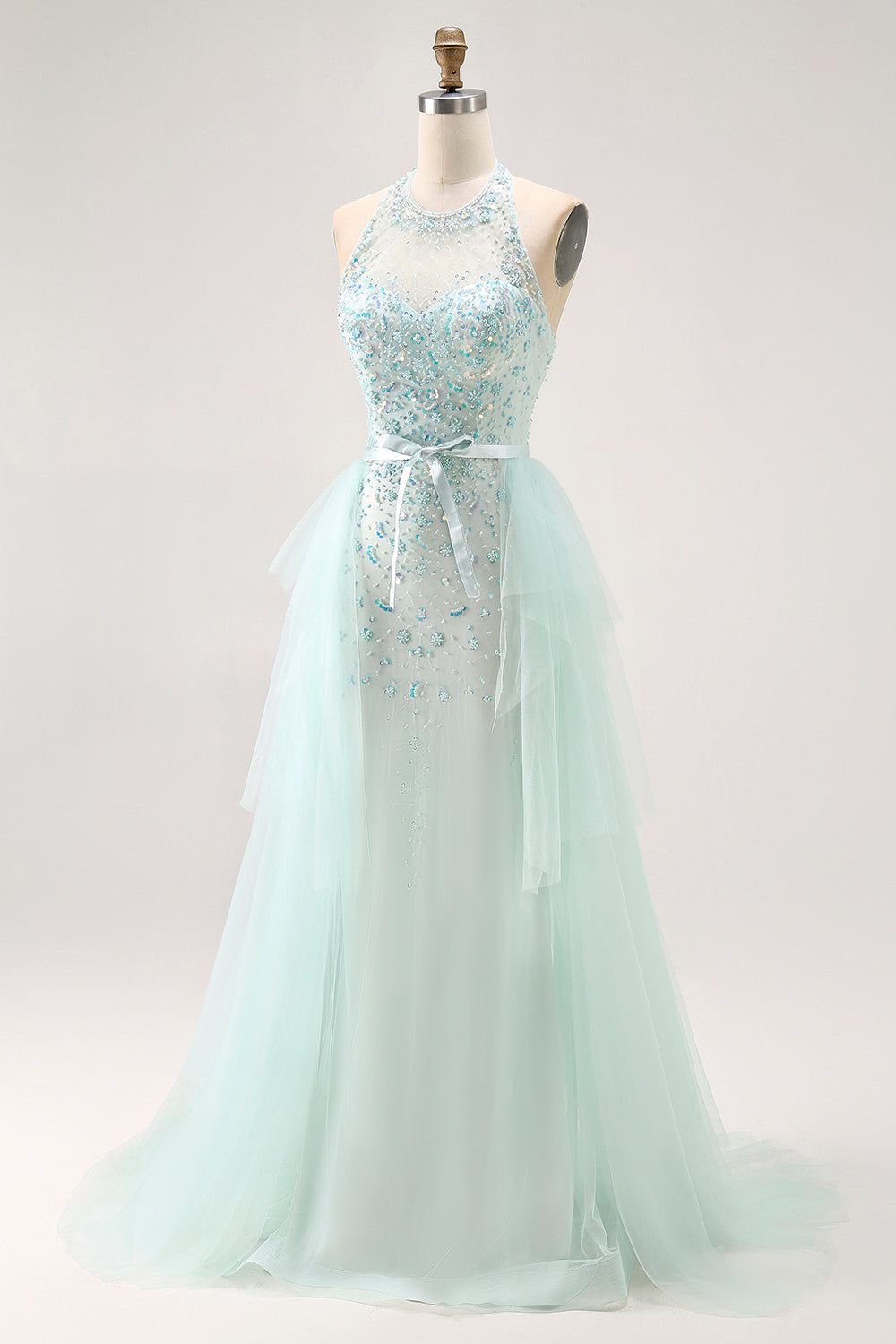 Sparkly Light Green Halter Detachable Train  Long Prom Dress with Beading