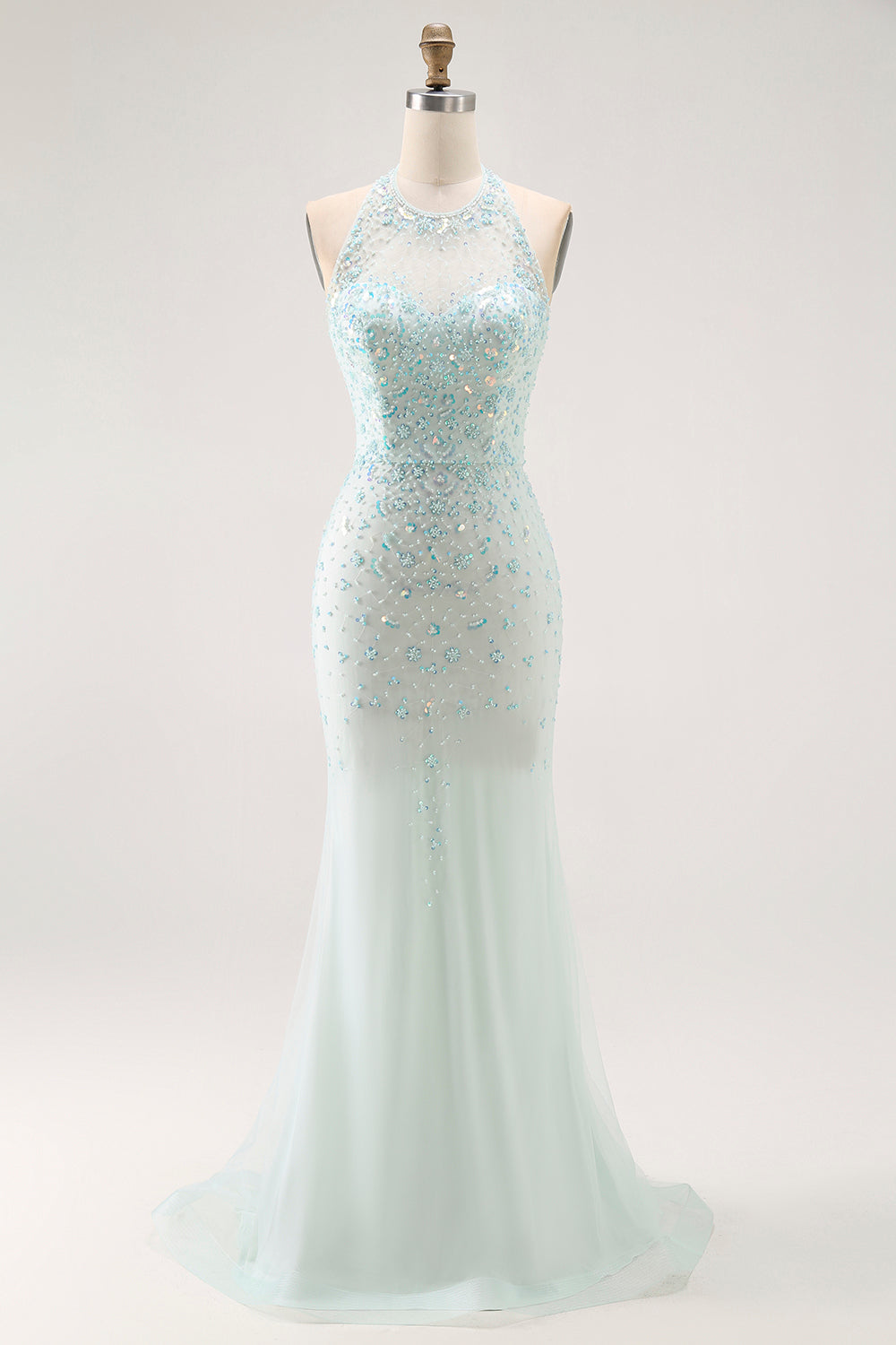 Sparkly Light Green Halter Detachable Train  Long Prom Dress with Beading