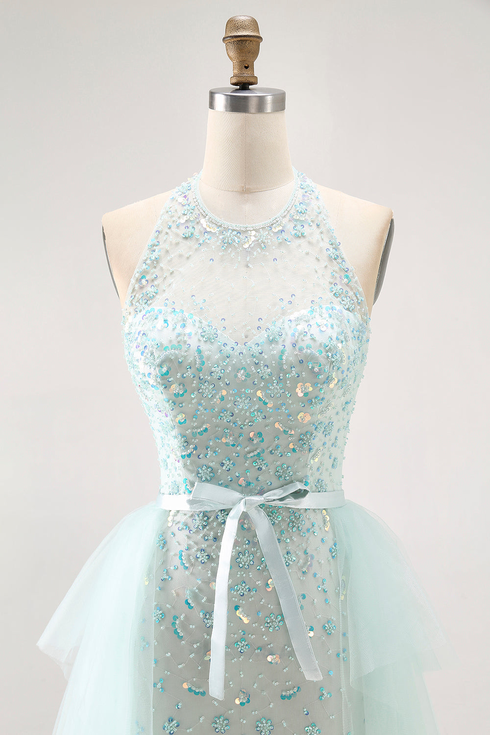 Sparkly Light Green Halter Detachable Train  Long Prom Dress with Beading