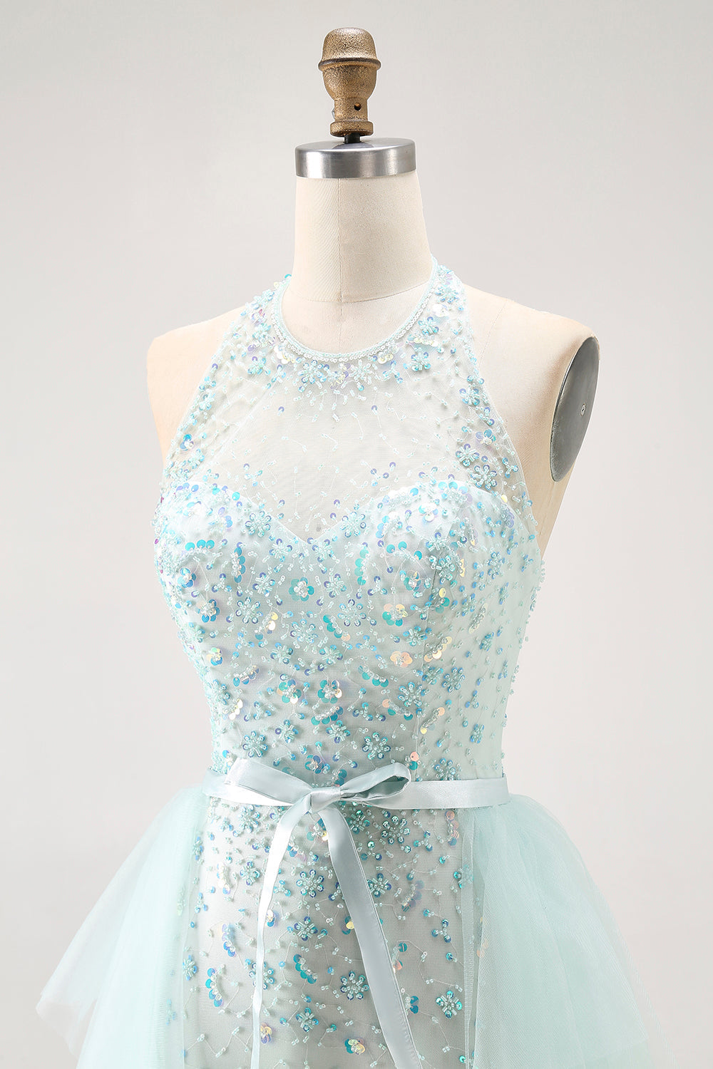 Sparkly Light Green Halter Detachable Train  Long Prom Dress with Beading