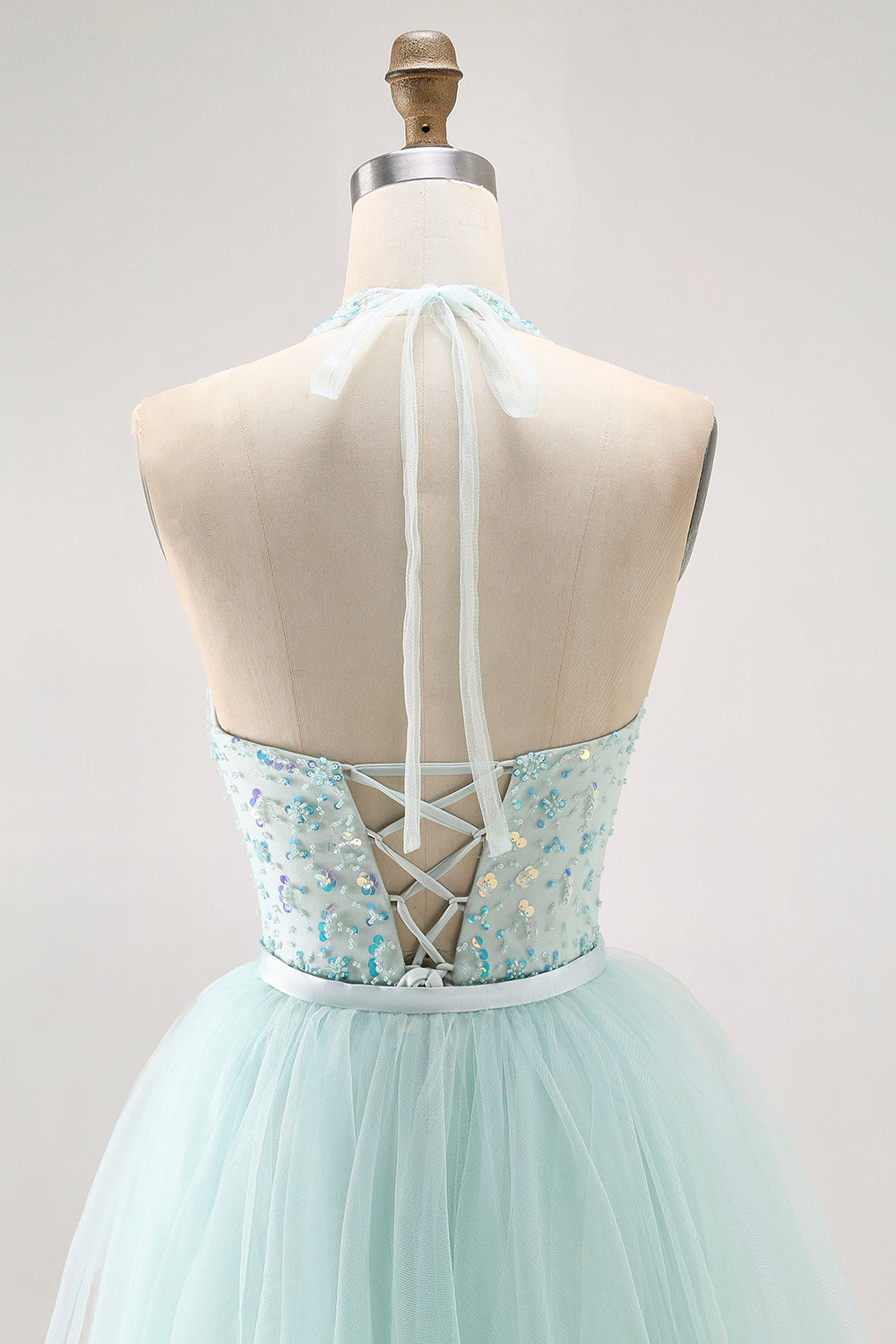 Sparkly Light Green Halter Detachable Train  Long Prom Dress with Beading