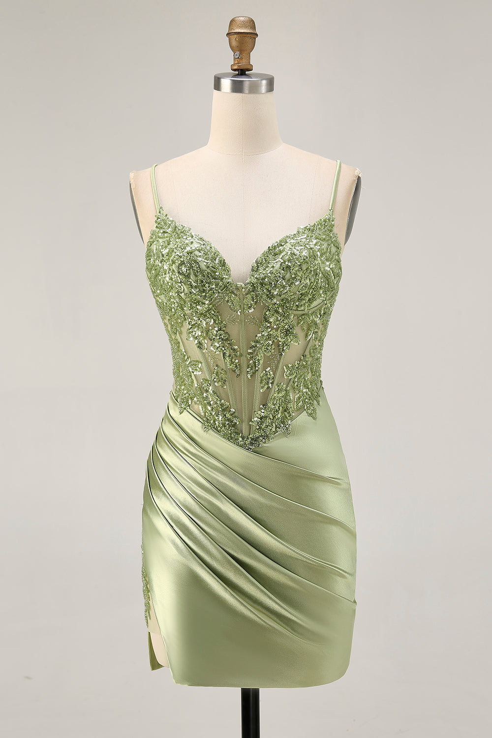 Sparkly Sage Green Satin Tight Short Corset Homecoming Dress with Sequins