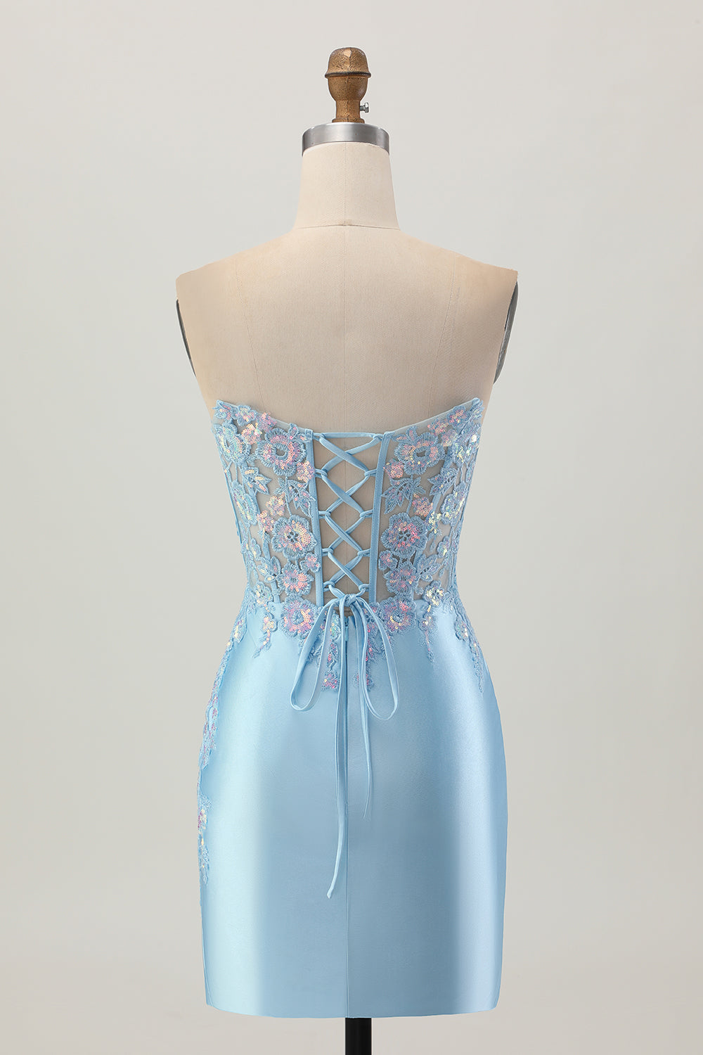 Sparkly Light Blue Corset Strapless Floral Short Ruched Homecoming Dress