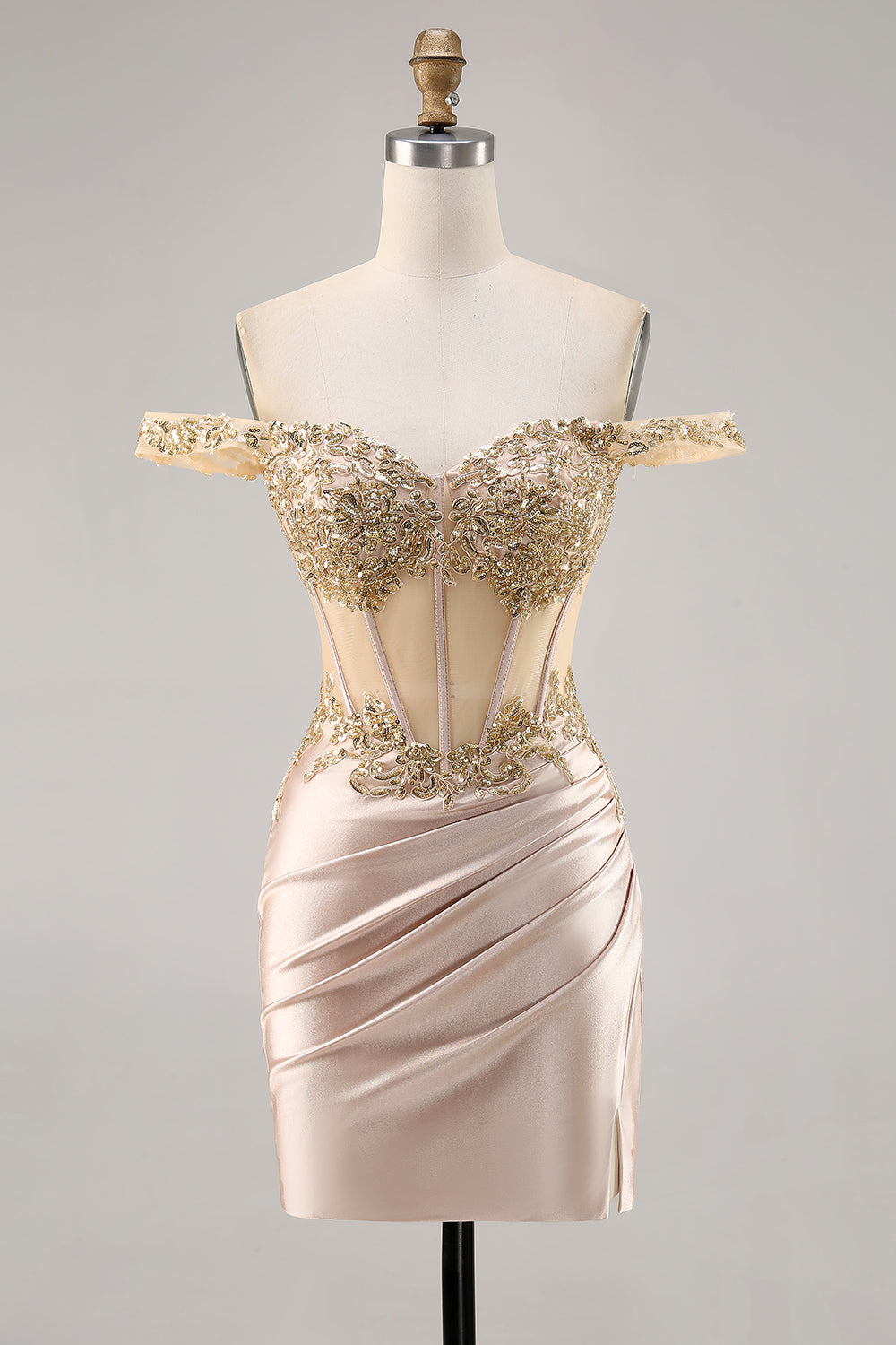 Sparkly Champagne Corset Tight Satin Short Homecoming Dress