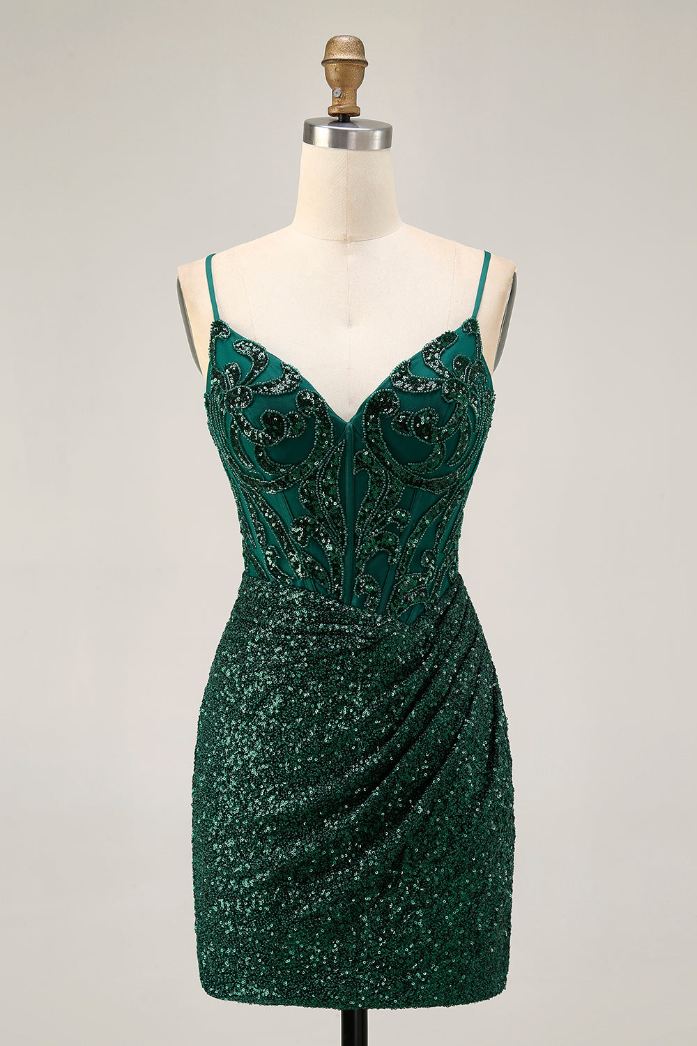 Sparkly Dark Green Sequins Corset V-Neck Short Homecoming Dress