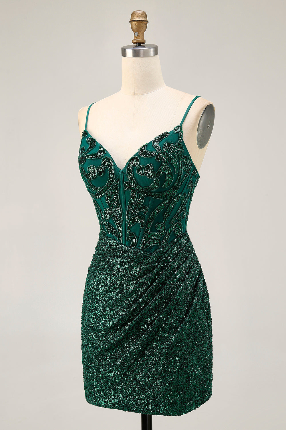 Sparkly Dark Green Sequins Corset V-Neck Short Homecoming Dress