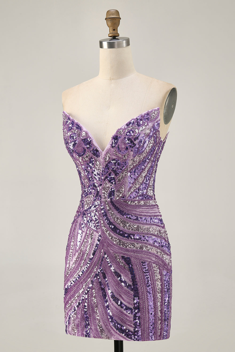 Sparkly Purple Tight Beaded Strapless Short Homecoming Dress