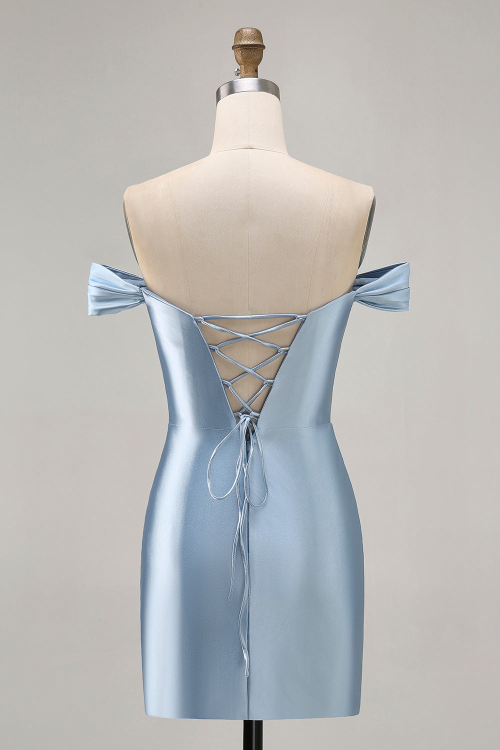 Grey Blue Satin Ruched Off the Shoulder Short Homecoming Dress