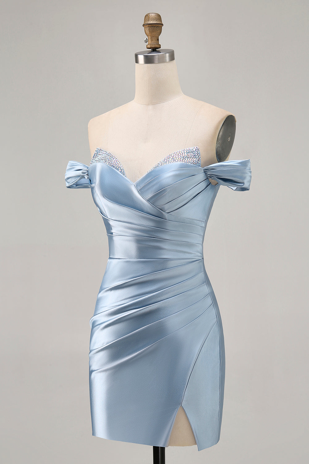 Grey Blue Satin Ruched Off the Shoulder Short Homecoming Dress