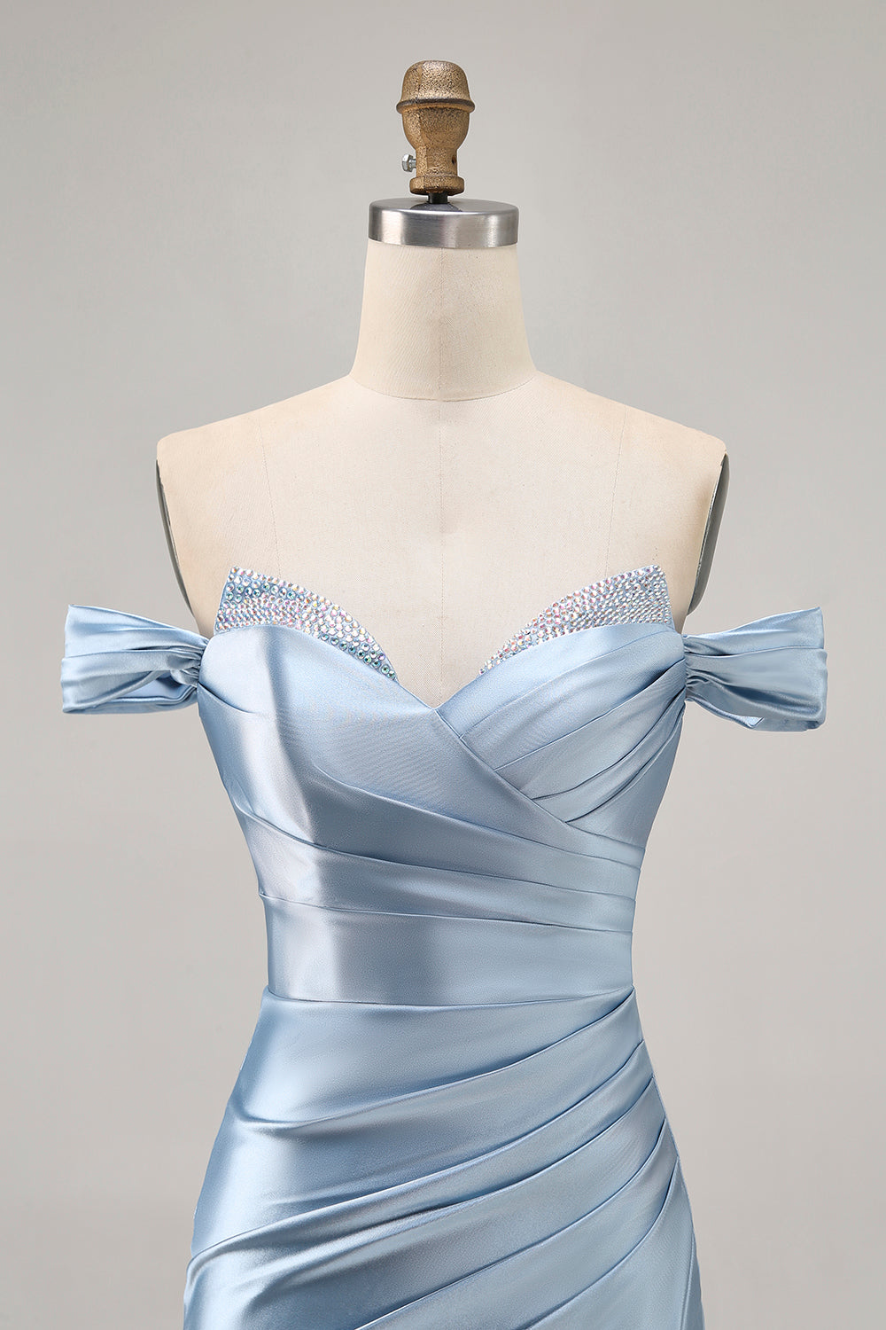 Grey Blue Satin Ruched Off the Shoulder Short Homecoming Dress