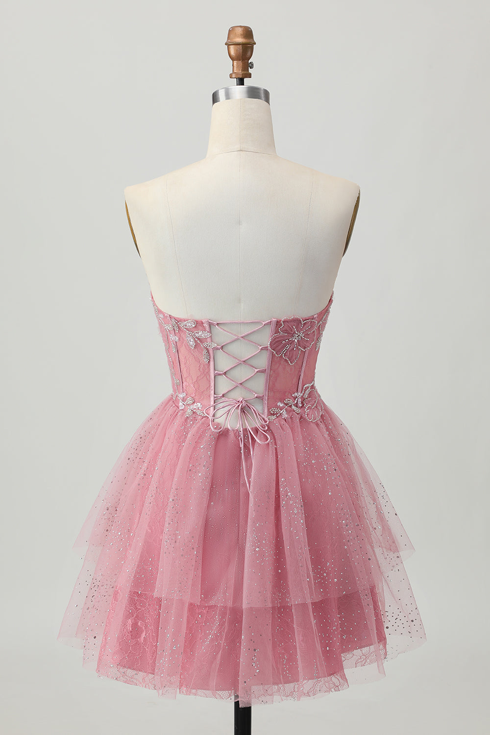 Glitter Dusty Rose Tulle Ruffled Short Tiered Corset Homecoming Dress