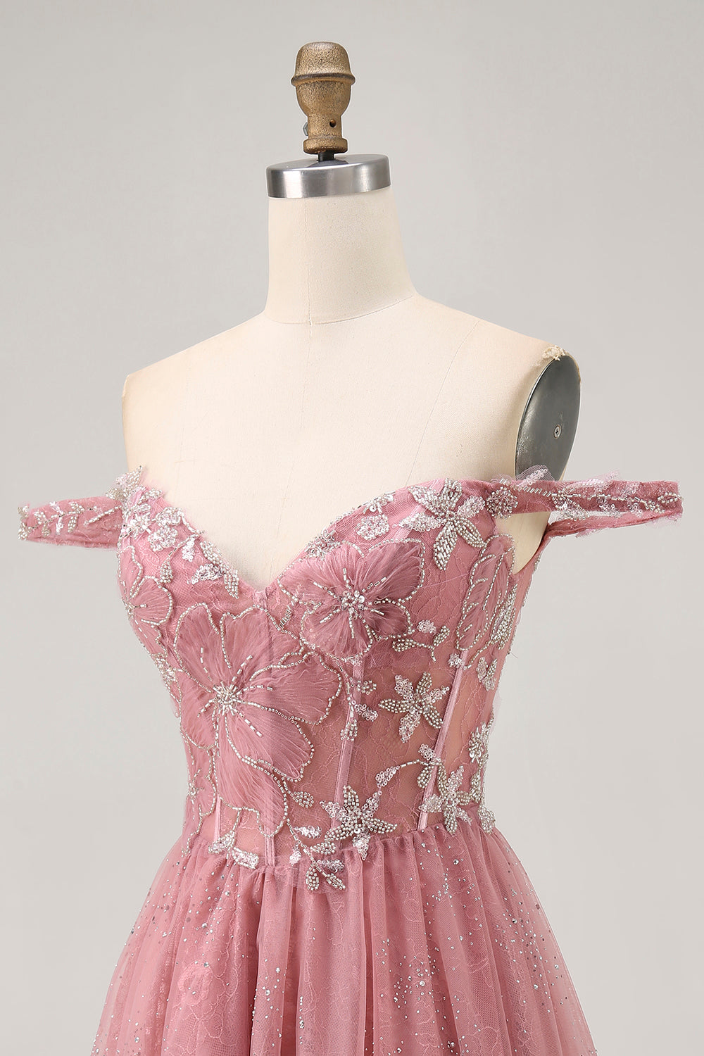 Sparkly Dusty Rose Floral Lace Short Corset Homecoming Dress