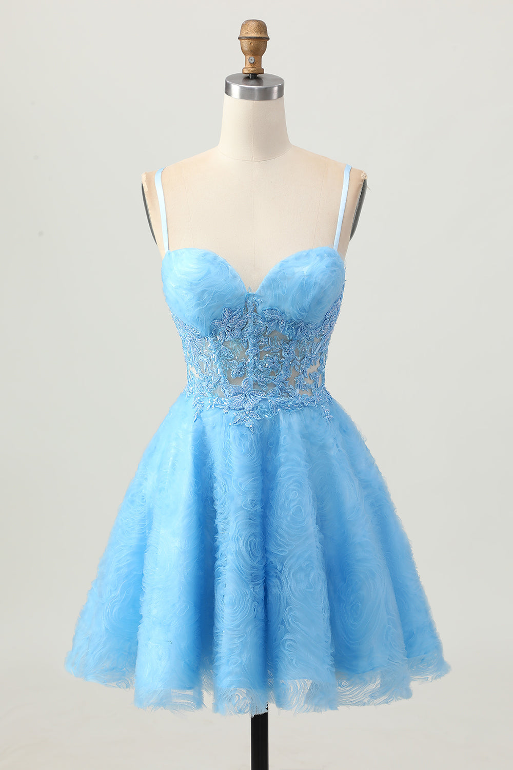 Blue Spaghetti Straps Floral Corset Short Homecoming Dress with Lace