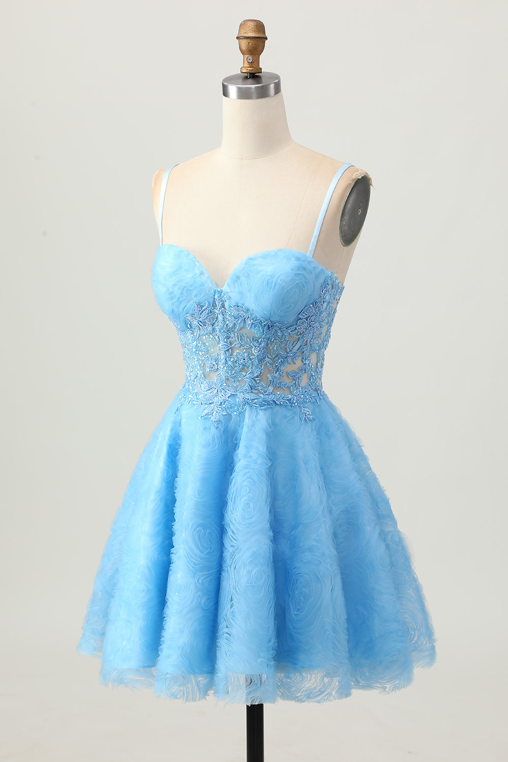 Blue Spaghetti Straps Floral Corset Short Homecoming Dress with Lace
