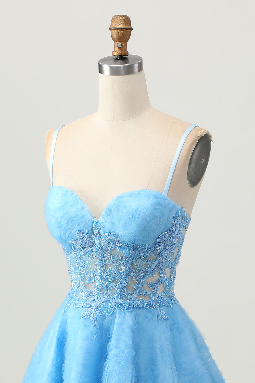 Blue Spaghetti Straps Floral Corset Short Homecoming Dress with Lace