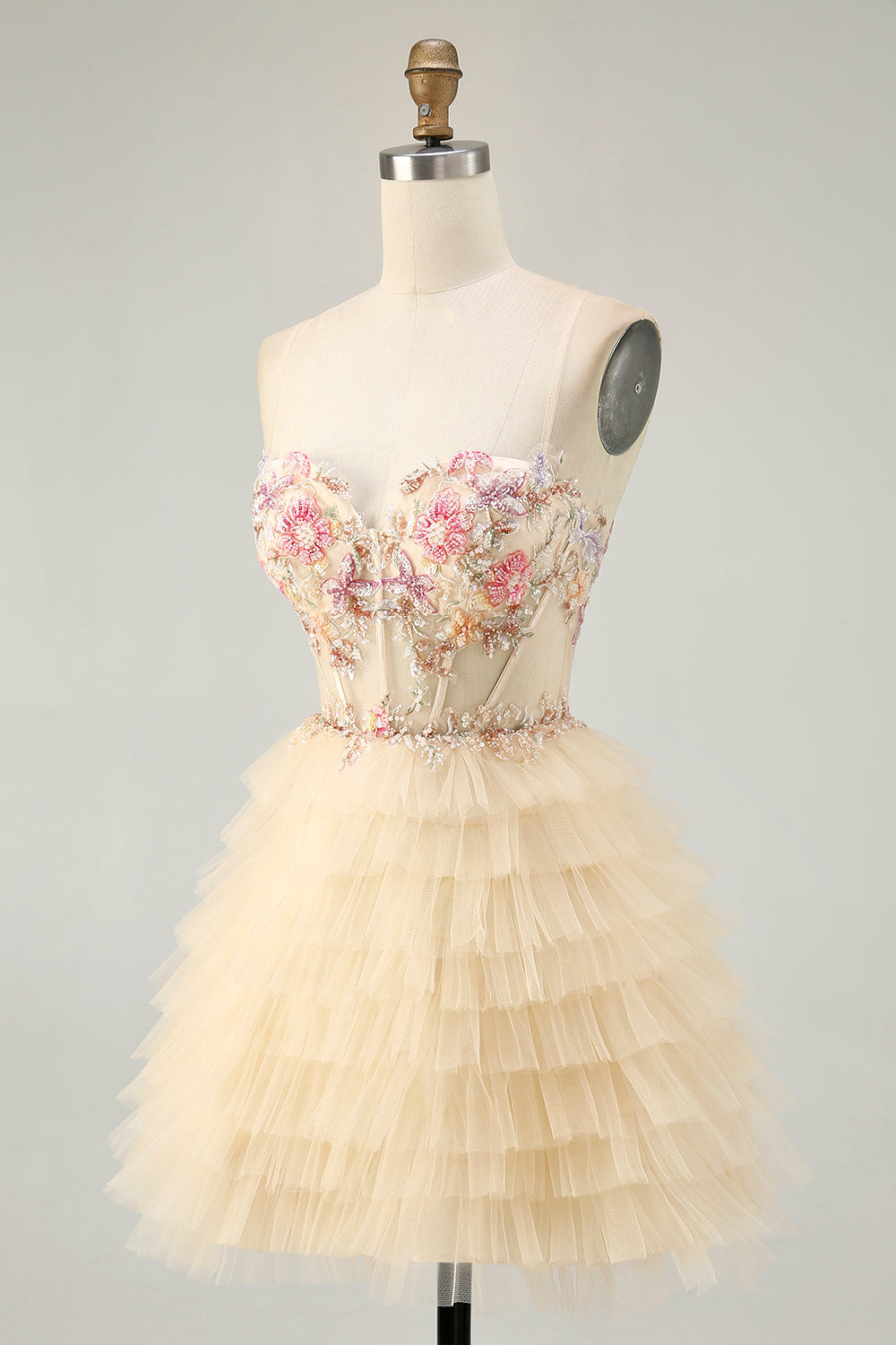Apricot Floral Corset Short Tiered Homecoming Dress with Ruffles