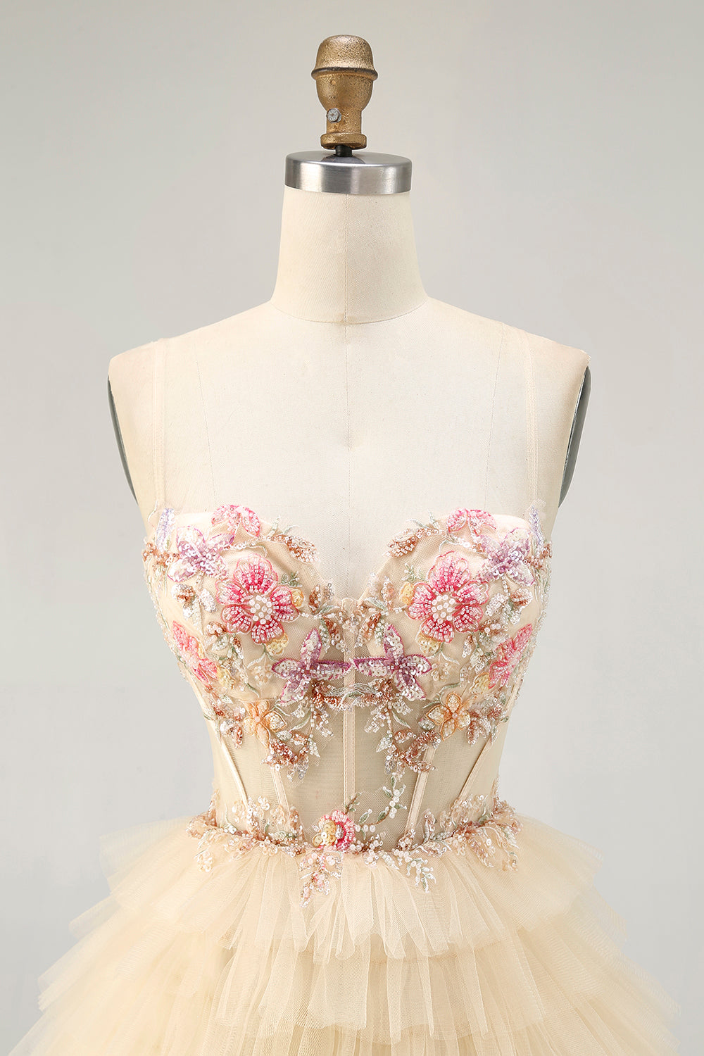 Apricot Floral Corset Short Tiered Homecoming Dress with Ruffles