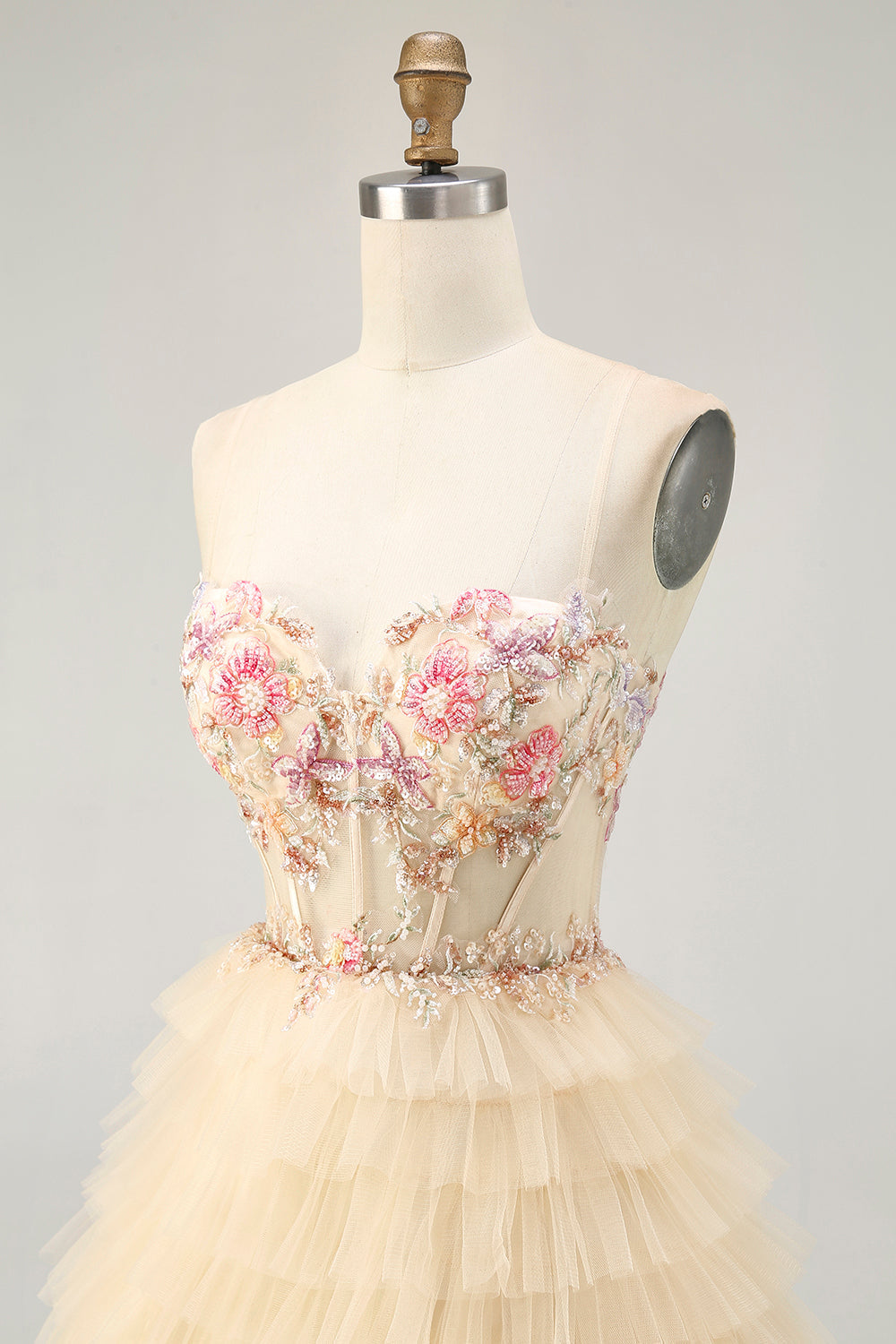 Apricot Floral Corset Short Tiered Homecoming Dress with Ruffles