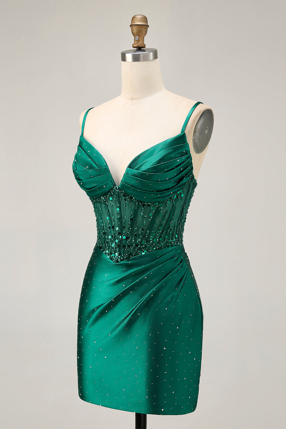 Sparkly Dark Green Satin Corset Short Tight Homecoming Dress with Beading