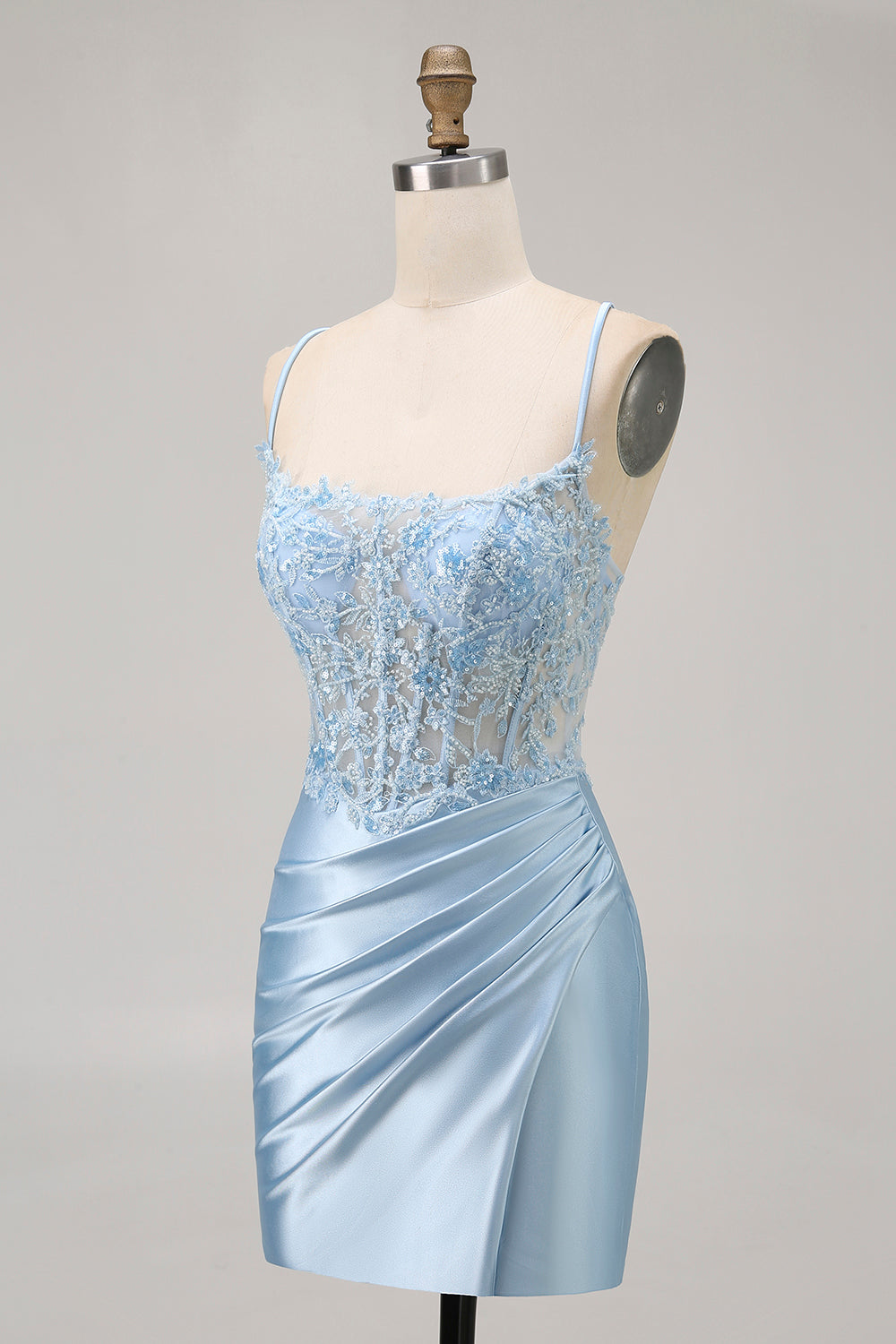 Sparkly Blue Corset Satin Tight Short Homecoming Dress with Lace