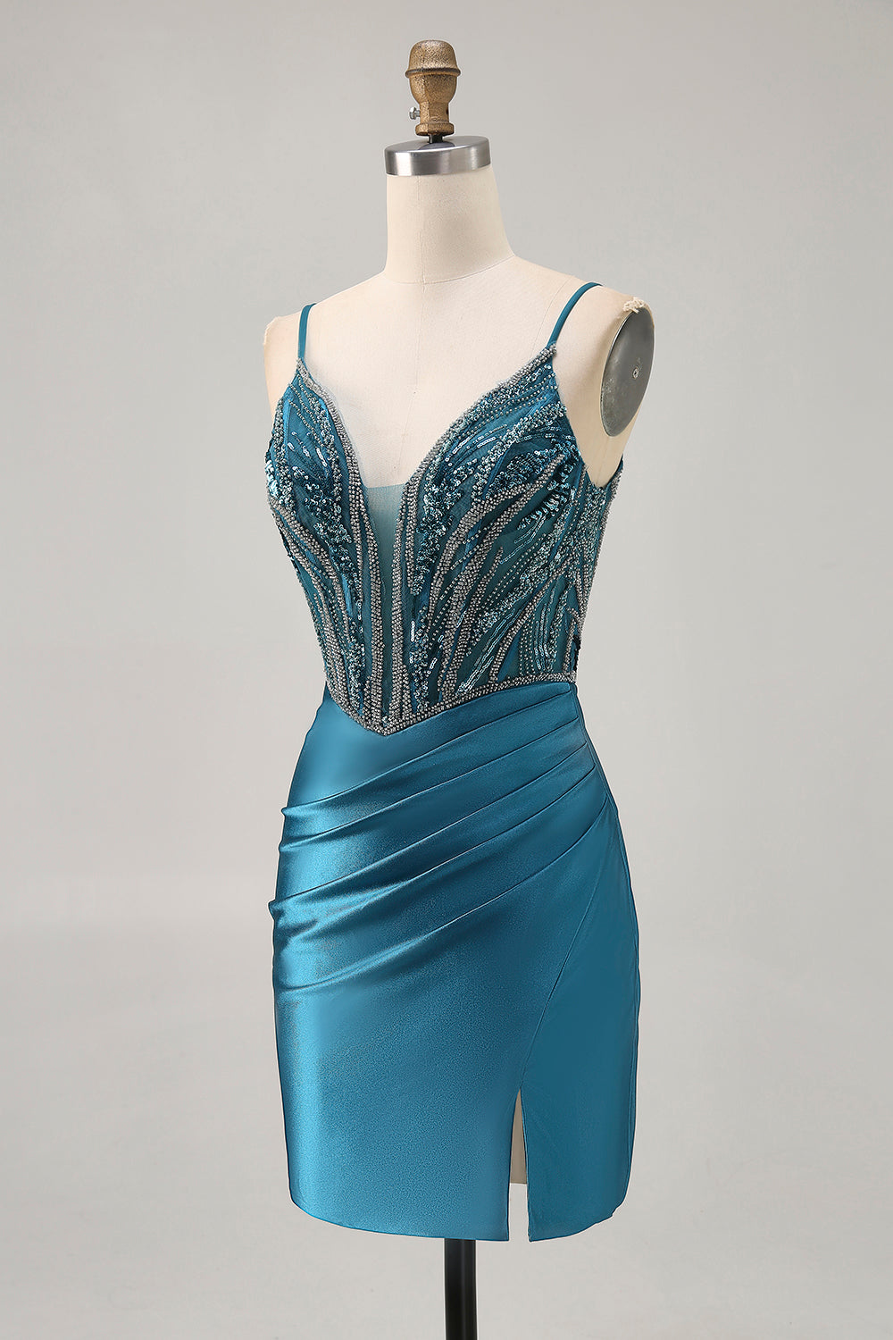 Bodycon Beaded Sequins Peacock Blue Homecoming Dress with Slit
