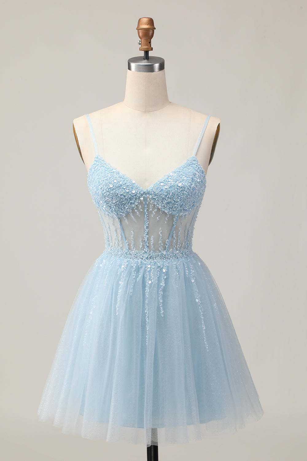 Sparkly Light Blue Tulle Corset A Line Short Homecoming Dress with Beading