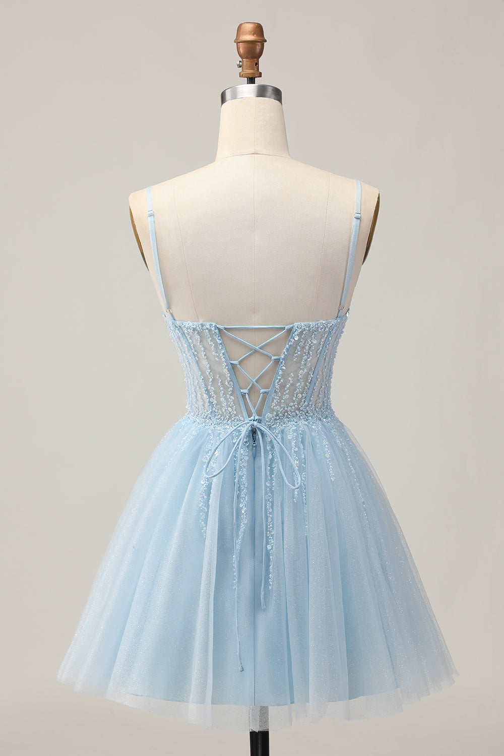 Sparkly Light Blue Tulle Corset A Line Short Homecoming Dress with Beading