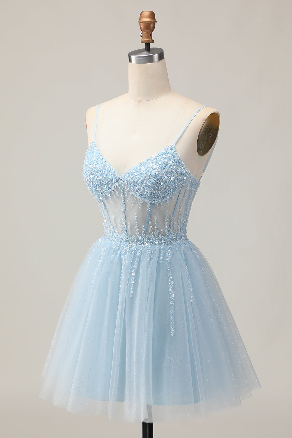 Sparkly Light Blue Tulle Corset A Line Short Homecoming Dress with Beading