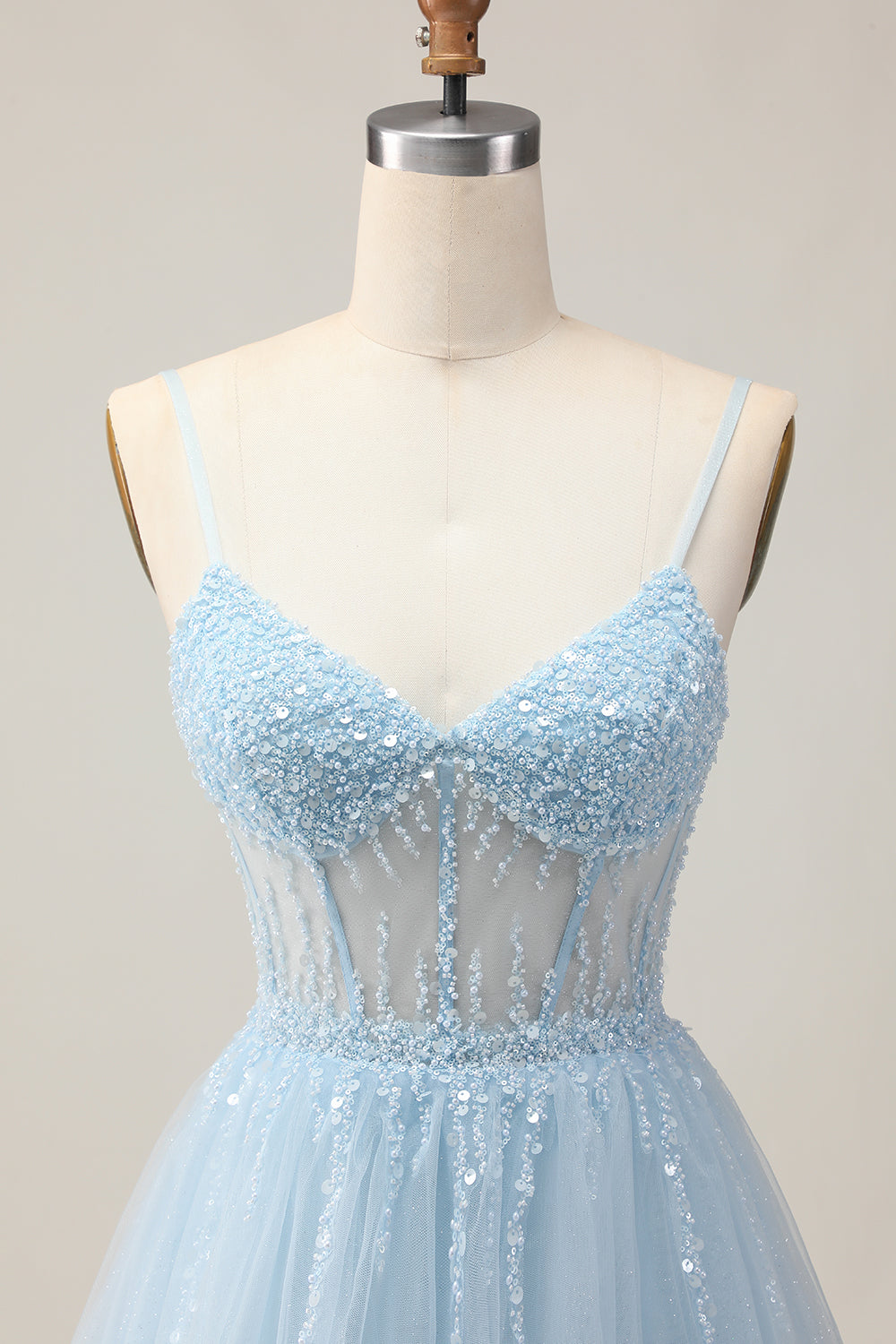 Sparkly Light Blue Tulle Corset A Line Short Homecoming Dress with Beading