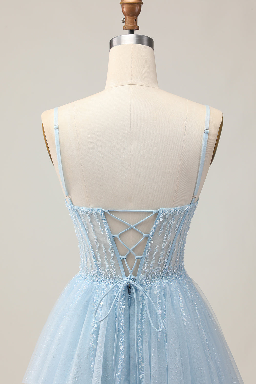Sparkly Light Blue Tulle Corset A Line Short Homecoming Dress with Beading
