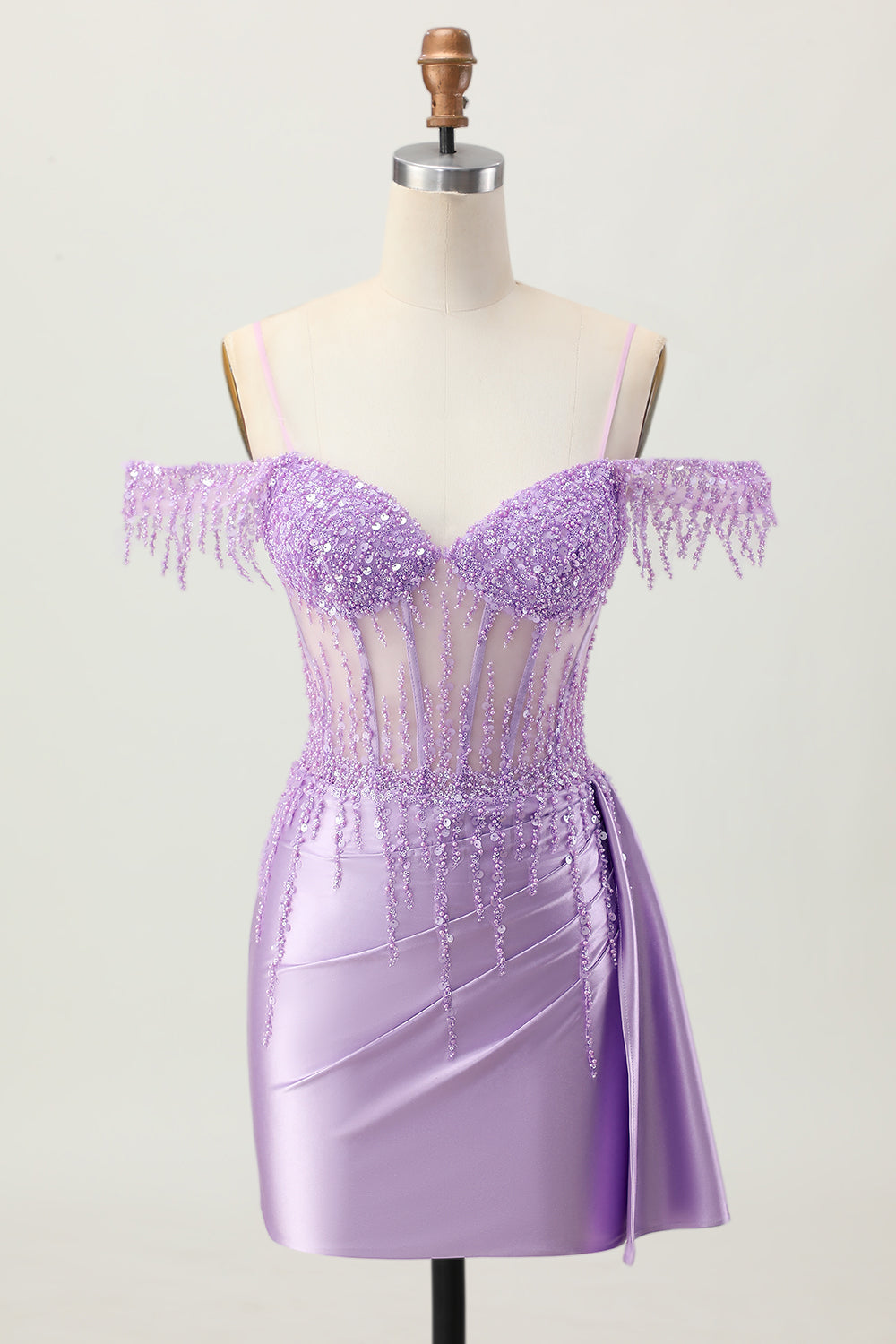 Sparkly Lilac Corset Cold Shoulder Short Homecoming Dress with Beading