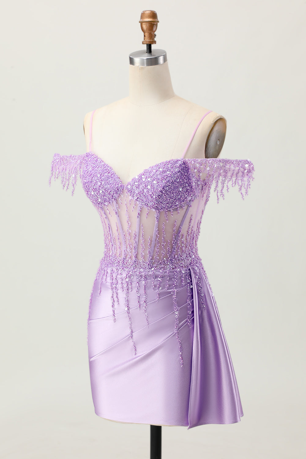 Sparkly Lilac Corset Cold Shoulder Short Homecoming Dress with Beading