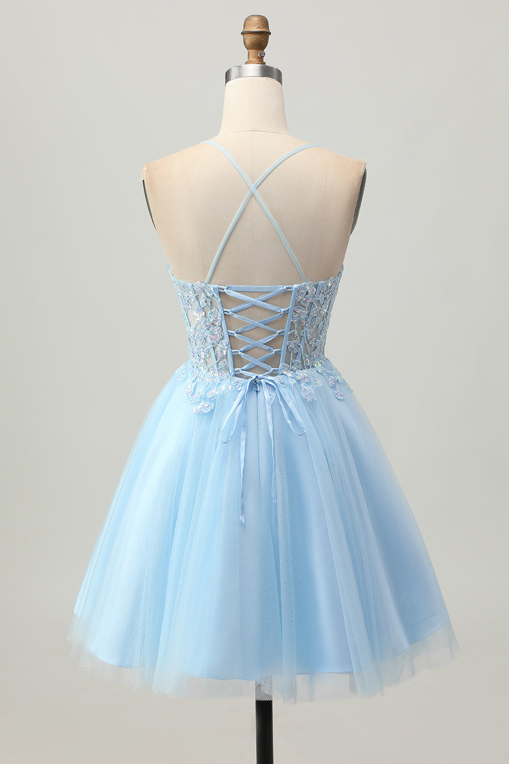 Sparkly Light Blue Tulle Corset Short Homecoming Dress with Appliques