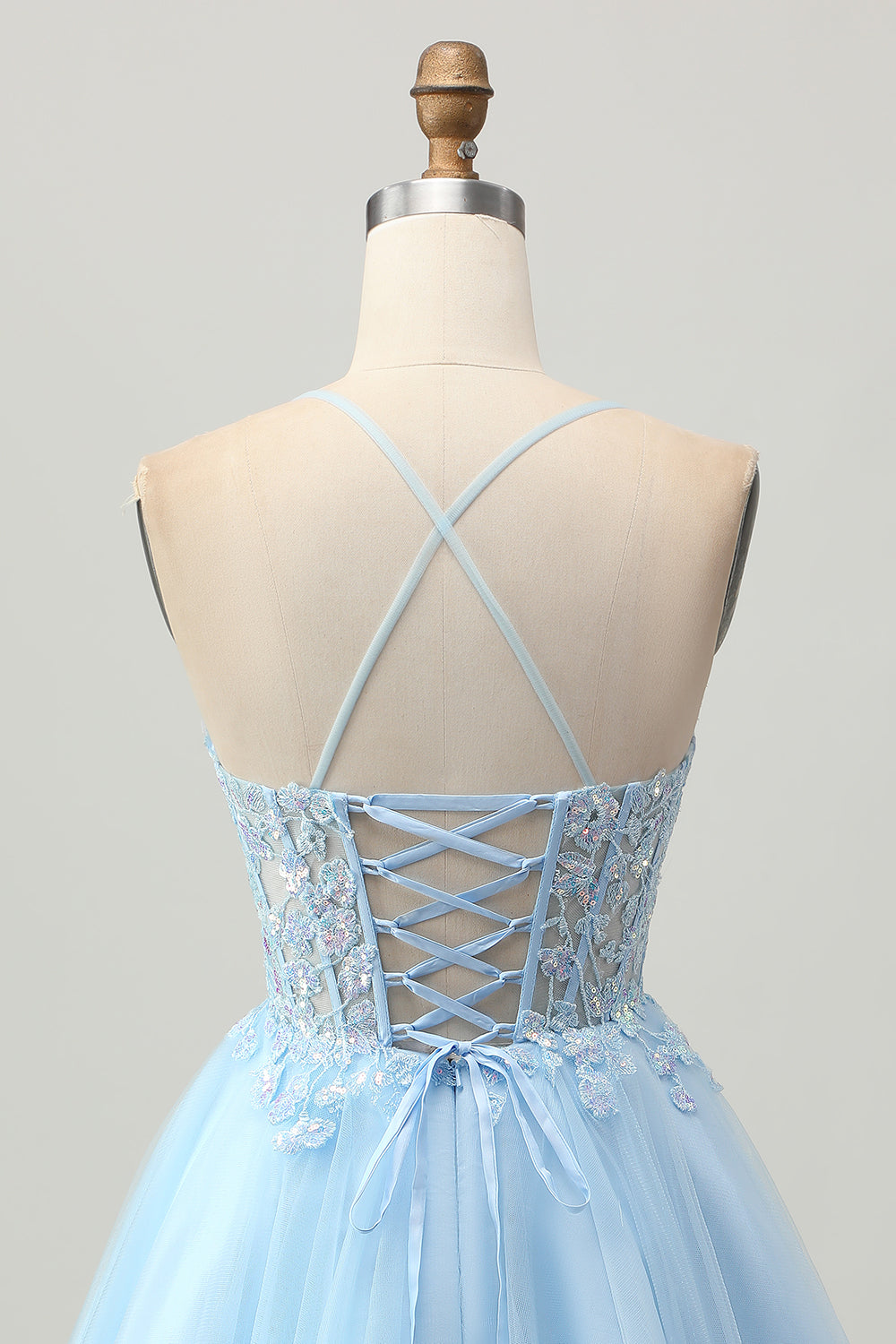 Sparkly Light Blue Tulle Corset Short Homecoming Dress with Appliques